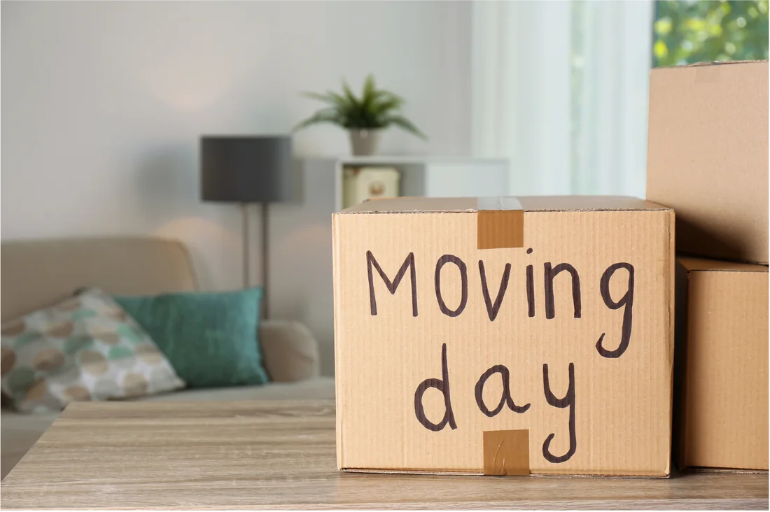 Umzugskarton mit der Aufschrift „Moving day“ auf einem Tisch im Wohnzimmer