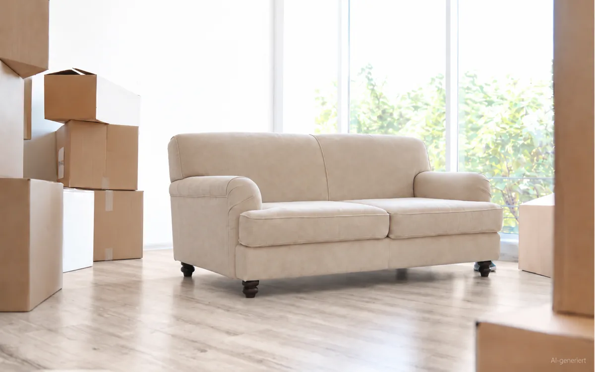Helles, leeres Zimmer mit einem Sofa und gestapelten Umzugskartons