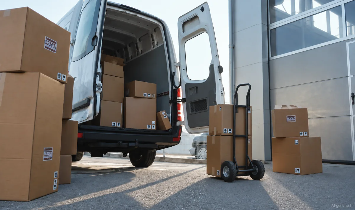 Transporter mit geöffneten Hecktüren, ringsum gestapelte Umzugskartons und eine Sackkarre