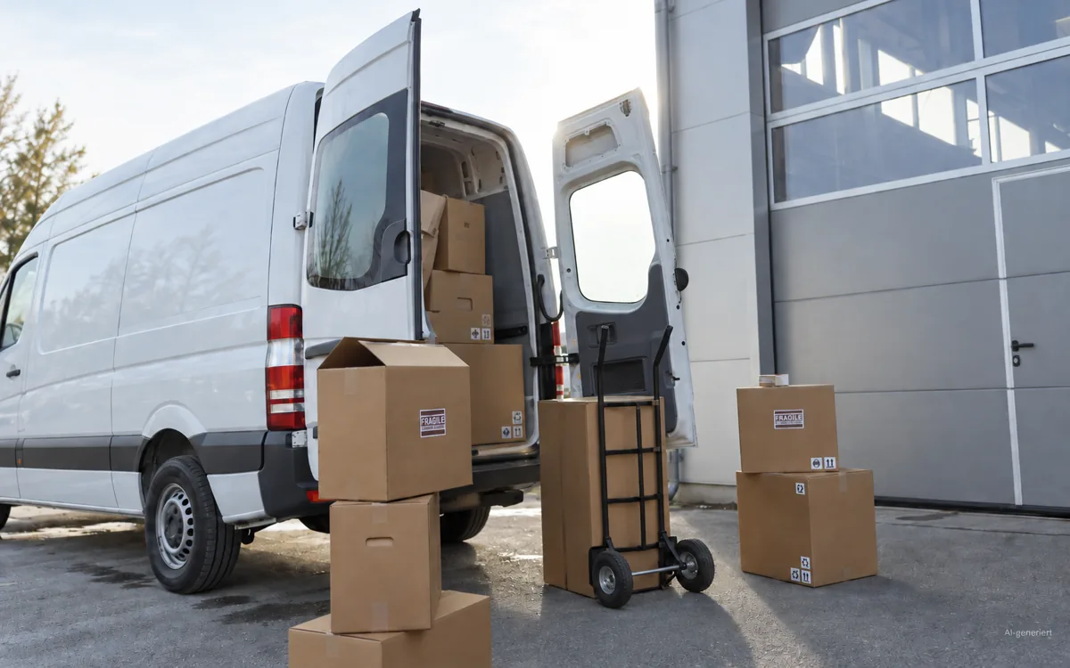 Weißer Transporter mit offenen Hecktüren vor einer Halle, davor gestapelte Umzugskartons und eine Sackkarre